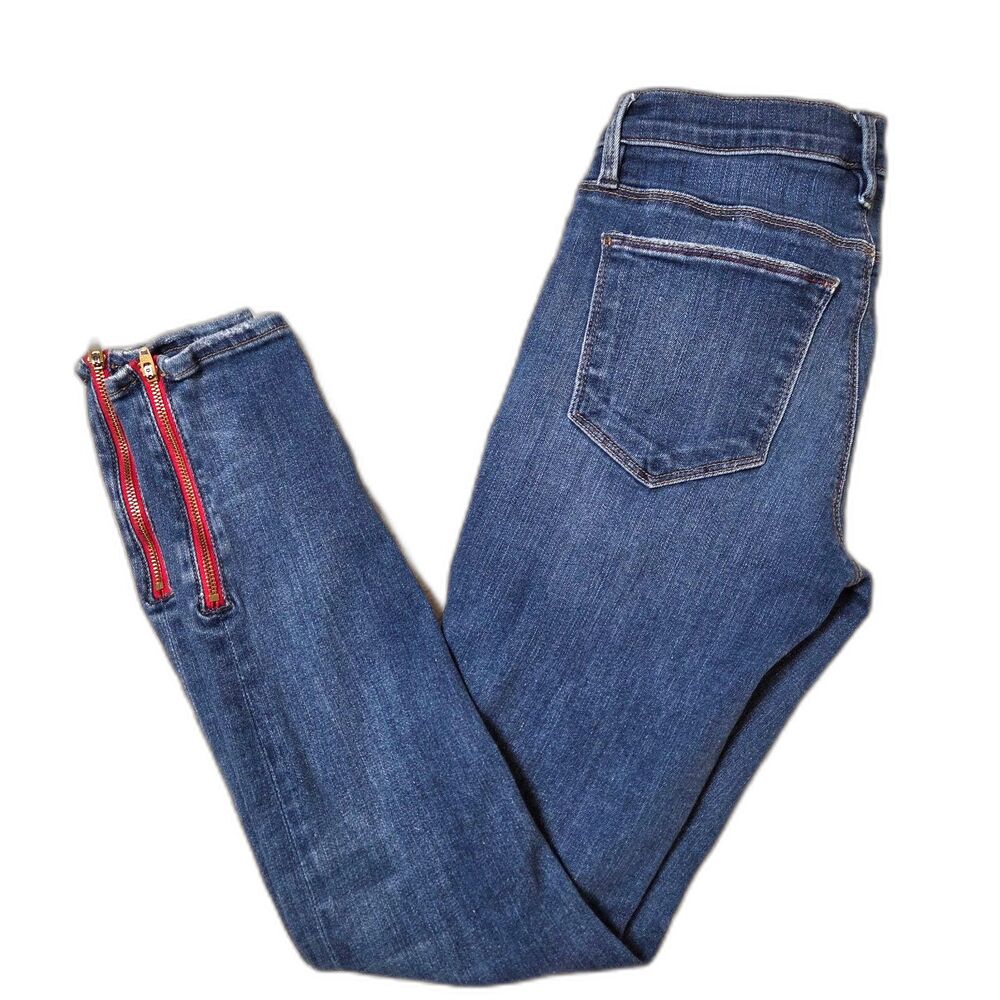 Etienne Marcel Women’s Skinny Jeans Size 26 Medium Wash Red Zipper Ankle Detail